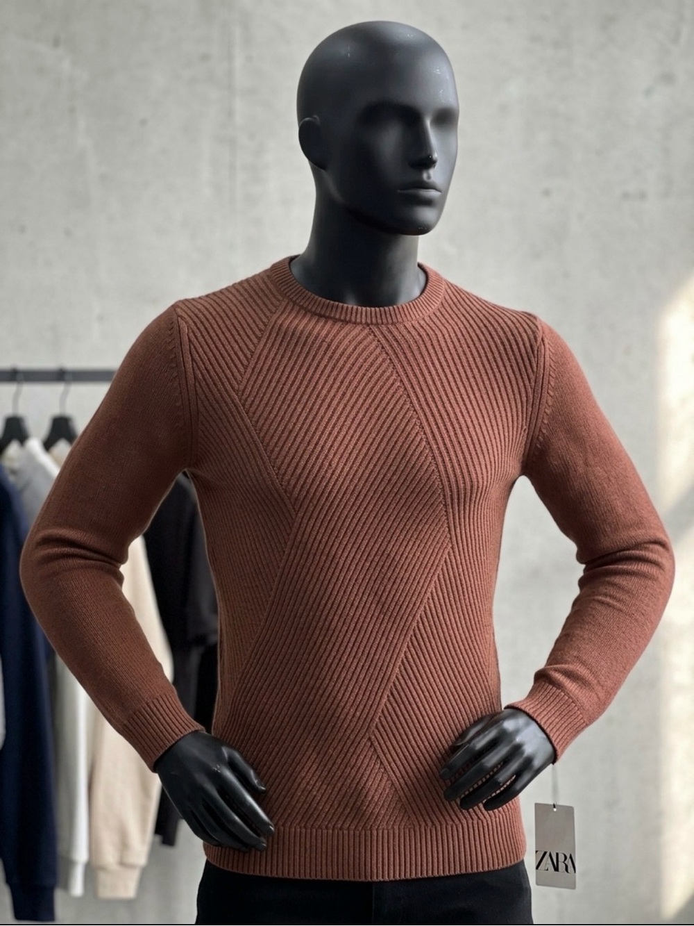 ZARA Men's Rust Crewneck Textured Knit Sweater
